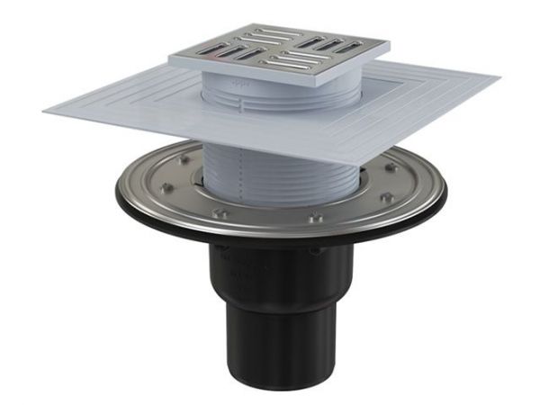 Сливной трап 105х105/50/75, прямой сток, решетка – нерж. сталь, гидрозатвор – комб. Alcaplast