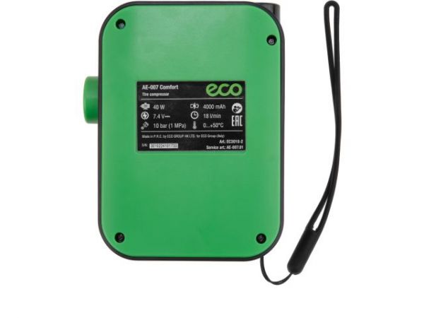Компрессор автомобильный ECO AE-007 Comfort(7,4 В, 40 Вт, 18 л/мин, 4000 мА·ч, 10 Бар, LED дисплей, режим повербанка, фонарь, 4 насадки, сумка)