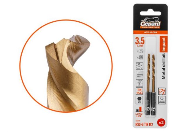 Сверло по металлу шестигр. 3.5х39х89 мм HSS-G TIN, комплект из 2-х шт GEPARD(многогранная заточка)