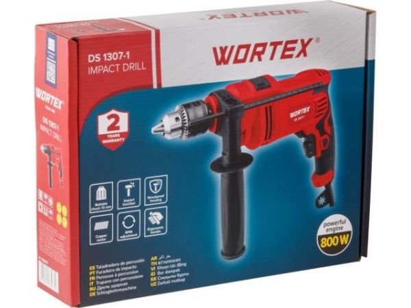 Дрель ударная WORTEX DS 1307-1 в кор. 800 Вт, 1 скор, 25 мм в дер., ключевой патрон 13 мм. (Обороты 0-2700 об/мин;  частота ударов 43 200 уд/мин;)
