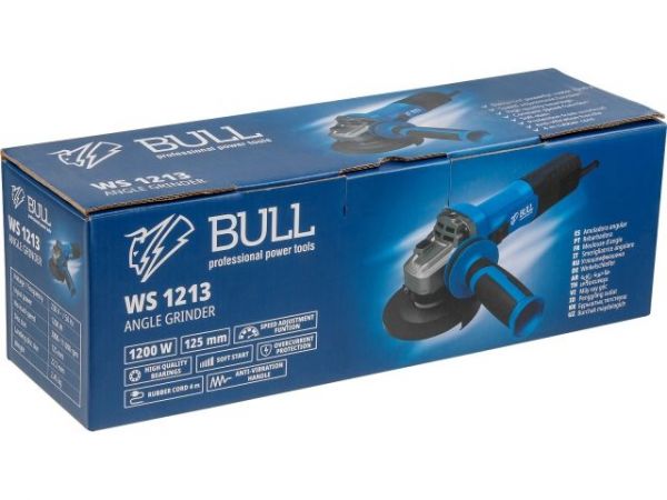 Одноручная углошлифмашина BULL WS 1213 в кор. 125 мм, 1200 Вт, плав. пуск., рег. об, конст. эл. (3000 - 11 000 об/мин, защита от перегрузки, защита от повторного включения, вес 2,45 кг)