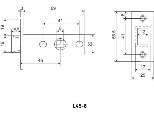 Защелка врезная межк. L45-8 AB ст.бронза 25мм АЛЛЮР