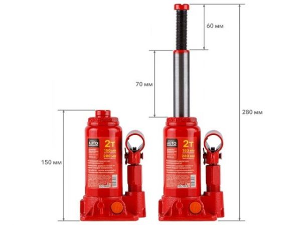 Домкрат гидравлический 2т бутылочный 150-280мм STARTUL AUTO (ST8018-02)(h min 150мм, h max 280мм)