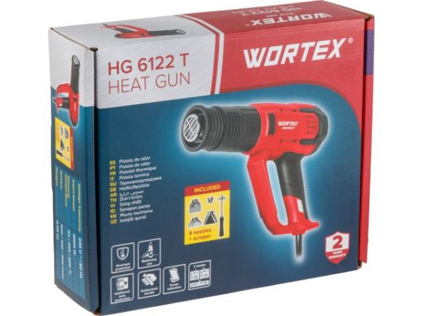 Термовоздуходувка WORTEX HG 6122 T в кор. + набор сопл 2000 Вт, 3 режима., 60-600 °С(ступенчатая. рег., 300, 500 л/мин)
