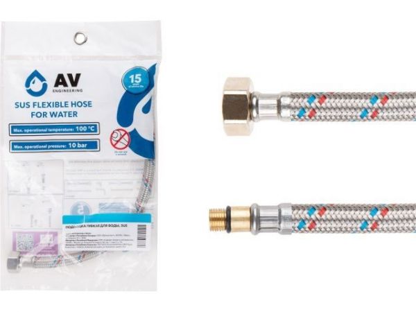 Подводка гибкая, SUS, иголка м10 короткая - гайка 1/2' 150 см AV Engineering(16 Bar, 100°С, в пакете)
