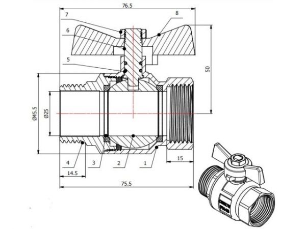 Кран шаровый 1' нар.-вн. бабочка PN40, AV Engineering