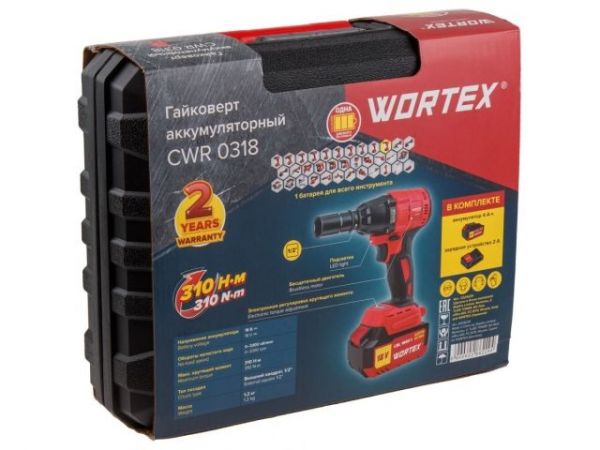 Ударный гайковерт WORTEX CWR 0318 акб и зу в чем. ALL1 XLT SET 18 В, 310 Н*м, 1/2', 4 А*ч(вес 2.0 кг)
