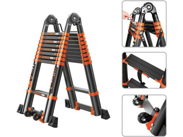 Лестница телескопическая 2-х секц. алюм. 290/580см, 2х7 ступ. 19,2кг BLACK LINE STARTUL (ST9932-058)(усиленное шарнирное соединение, ширина ступени 8см, прорезиненные колеса и доп.стабилизаторы)