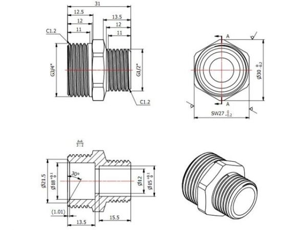 Ниппель ред. под евроконус 3/4' нар. х 1/2' нар., AV Engineering (инд. упак.)(Латунь, макс.  16 бар, макс.  100 °С)