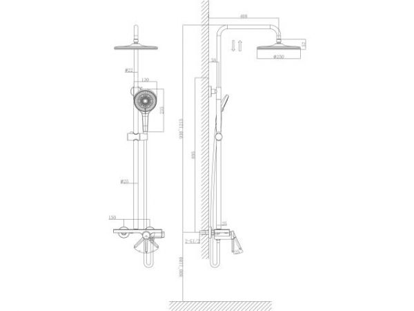 Душевая система (Lt) D35, серия Rose черный + белый, a-five(На стену, Излива нет, Троп. душ: вынос 408 мм, диаметр 250 мм.)
