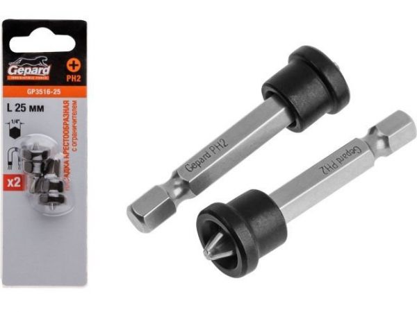 Насадка крестообразная PH2 50мм с ограничителем 2шт. GEPARD (GP3516-50)(бита Phillips для ГКЛ сталь S2 магнитная)
