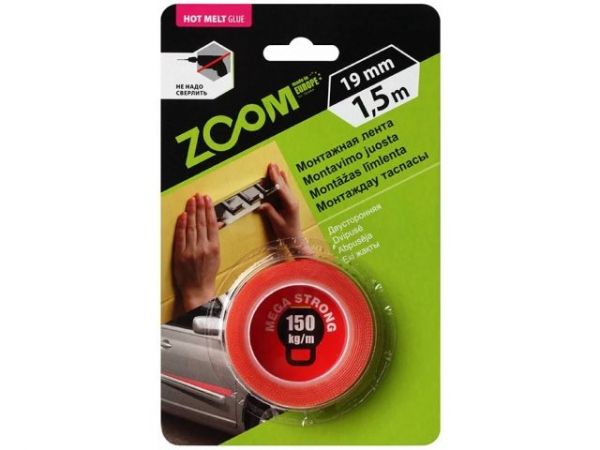 Лента двухсторонняя клейкая Mega Strong 19мм х 1,5м ZOOM(Белая/красная)