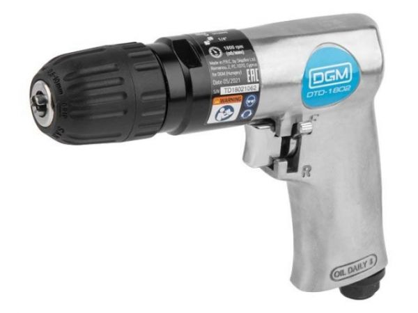 Пневмодрель с реверсом DGM DTD-1802(Быстрозажим.патрон 3/8''-24 UNF, 255 л/мин, 1800 об/мин, дерево/металл: 20/10 мм;)