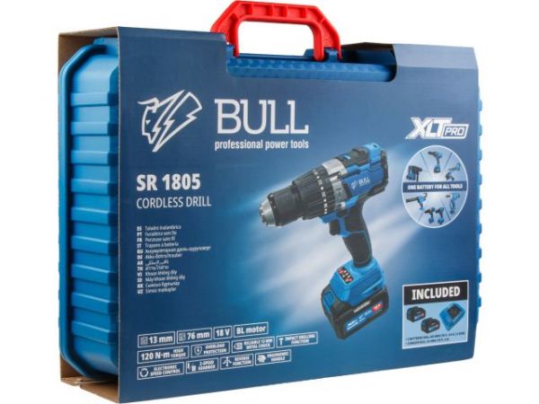 Дрель-шуруповерт BULL SR 1805 в чем. XLTpro, 2х4 А*ч, БЕСЩЕТ., 18 В, 120 Н*м, БЗП(мет.) 13 мм(Доп. функции: Ударное сверление, 'AntiKickback', режим 'TURBO')