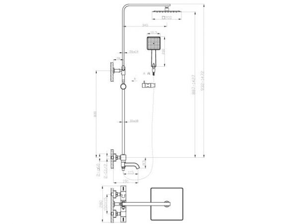 Душевая термостатическая система с изливом (Lt), серия THS хром, AV Engineering(Короткий излив, длина 115 мм, лейка и шланг в комплекте, монолитный, на стену)