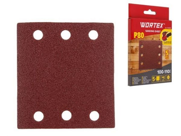 Шлифлист 100х110мм Р80 д/дерева самосцепл. 6 отв. 5шт WORTEX(Подходит для использования к виброшлифмашине WORTEX LX SS 1020)