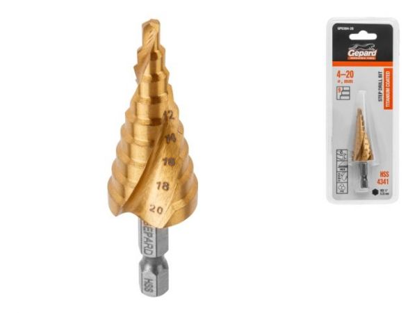 Сверло по металлу ступенчатое 4-20 мм HSS TIN GEPARD(спиральный профиль)