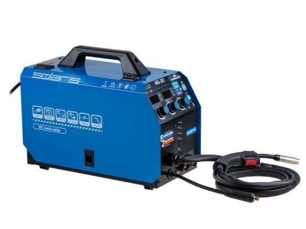 Полуавтомат сварочный Solaris MIG-201(230В; MIG/SPOT/FLUX/MMA/TIG; встроенная горелка 2 м; смена полярности; 2T/4T; рег.индуктивн.)