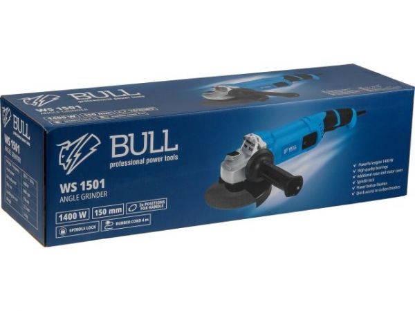 Двуручная углошлифмашина BULL WS 1501 в кор. 150 мм, 1400 Вт, 8400 об/мин, пылезащ., 4м кабель(3.4 кг, М14)