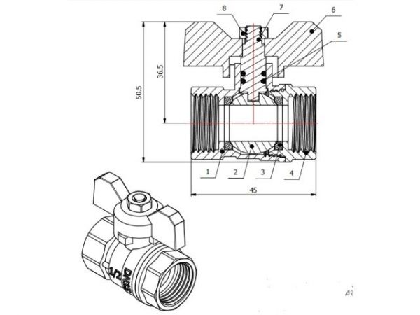 Кран шаровый 1/2' вн.-вн. бабочка PN30, AV Engineering(Латунь, макс.  30 бар, макс.  110 °С)