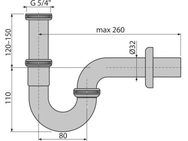 Сифон для умывальника O32, U-форма, цельнометаллический, с накидной гайкой 5/4, Alcaplast