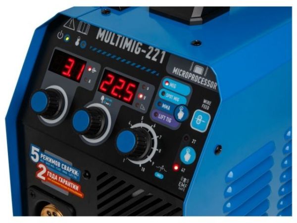 Полуавтомат сварочный Solaris MULTIMIG-221(230В; MIG/SPOT/FLUX/MMA/TIG; евроразъем; горелка 3 м; смена полярности; 2T/4T, рег.индуктивн.)