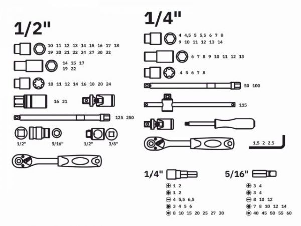 Набор головок и бит 108пр. ВОЛАТ(1/4', 1/2', 6 граней)
