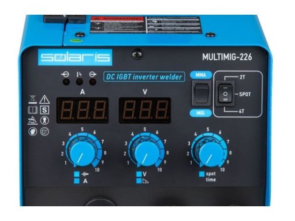 Полуавтомат сварочный Solaris MULTIMIG-226(230В; MIG/FLUX/MMA; евроразъем; горелка 3 м; смена полярности; 2T/4T/Spot)
