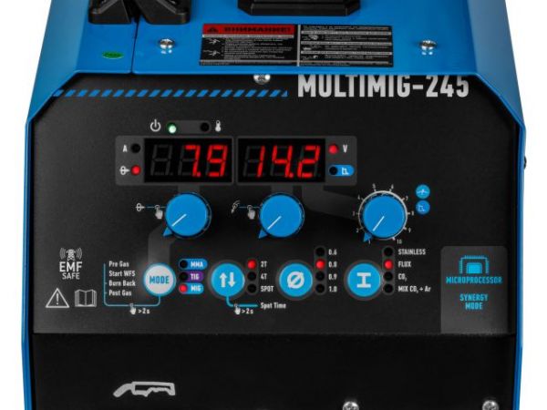 Полуавтомат сварочный Solaris MULTIMIG-245(230В; MIG/FLUX/SPOT/MMA/TIG; евроразъем; горелка 3 м; смена полярности; 2T/4T; рег-ка индуктивн.)