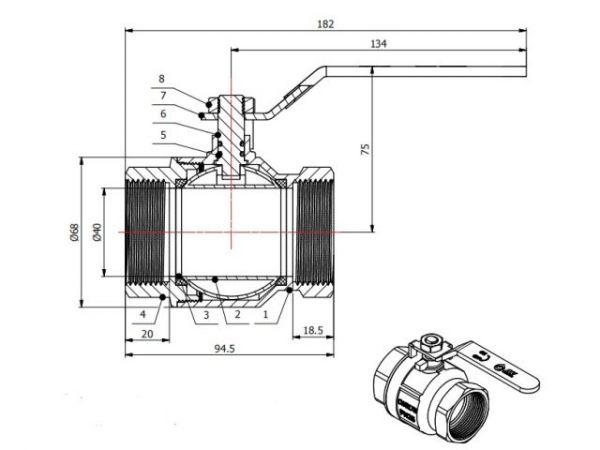 Кран шаровый 1 1/2' вн.-вн. ручка PN25, AV Engineering(Латунь, макс.  40 бар, макс.  110 °С)