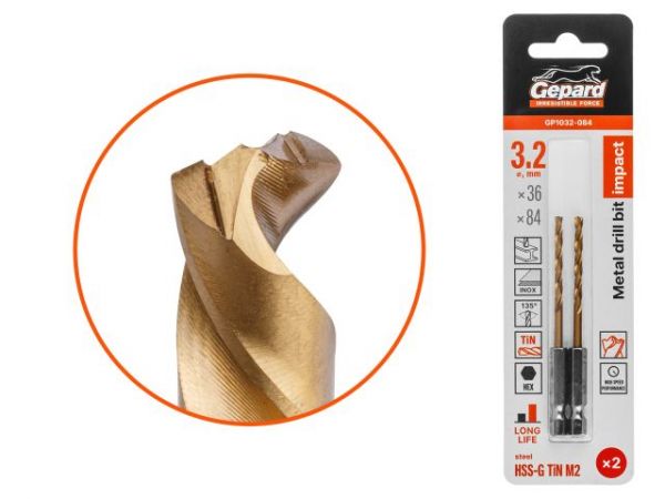 Сверло по металлу шестигр. 3.2х36х84 мм HSS-G TIN, комплект из 2-х шт GEPARD(многогранная заточка)