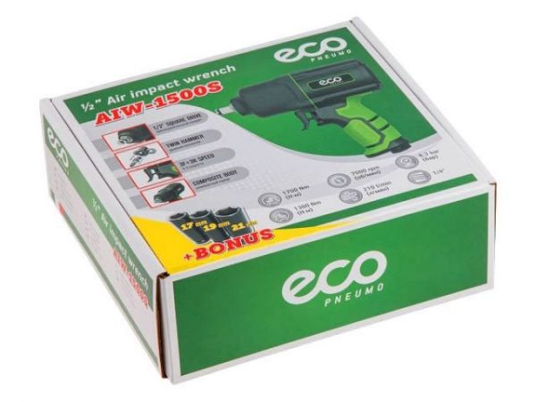 Пневмогайковерт 1/2' ECO AIW-1500S(1300/1700 Нм (закр./откр.); 3 ступени крут.мом.; twin hammer; 7000 об/мин; композитный корпус)