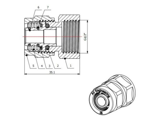 Муфта 16(2.0) х 1/2' вн. для труб PEX, AV Engineering (инд. упак.)(для металлопластиковых и PEX труб)