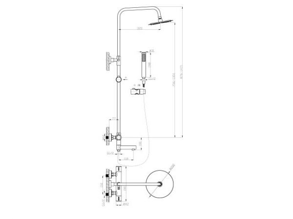 Душевая термостатическая система с изливом (Lt), серия THS хром, AV Engineering(Короткий излив, длина 116 мм, лейка и шланг в комплекте, монолитный, на стену)