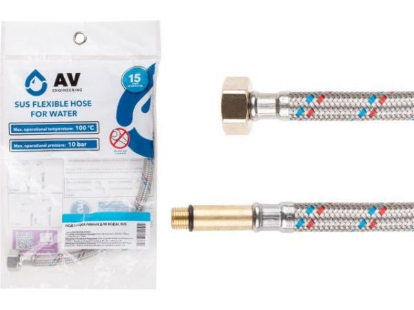 Подводка гибкая, SUS, иголка м10 длинная - гайка 1/2' 60 см AV Engineering(16 Bar, 100°С, в пакете)