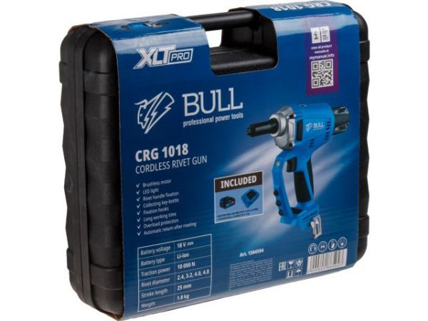 Заклепочный пистолет BULL CRG 1018 в чем. XLTpro, БЕСЩЕТ., 25 мм, 10000 Н, 1х4 А*ч(2.4, 3.2, 4.0, 4.8 мм, вытяжные, подсветка)