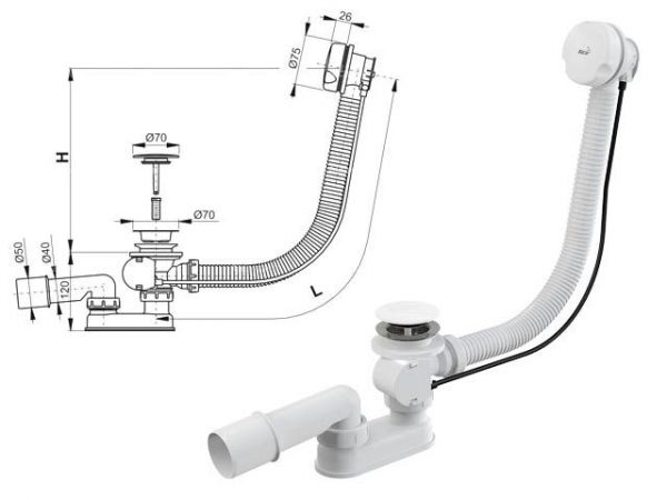 Сифон для ванны автомат комплект, белый, Alcaplast