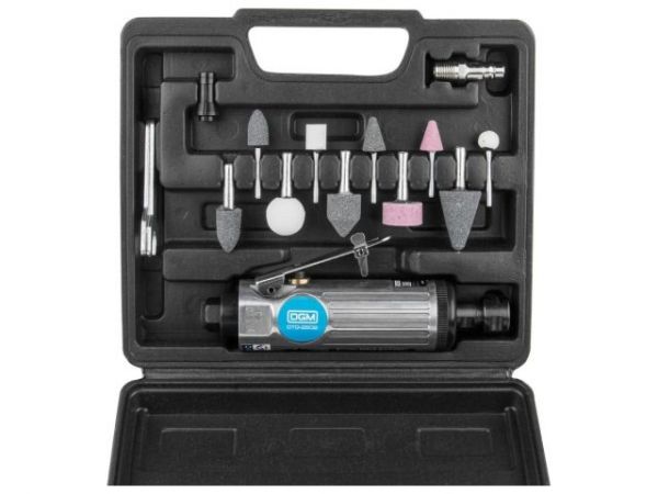 Пневмошлифмашина прямая DGM DTG-2502  с набором шарошек(25000 об/мин; 115 л/мин; Цанги:3 мм/6 мм; 10 шлифкамней; Чемодан)