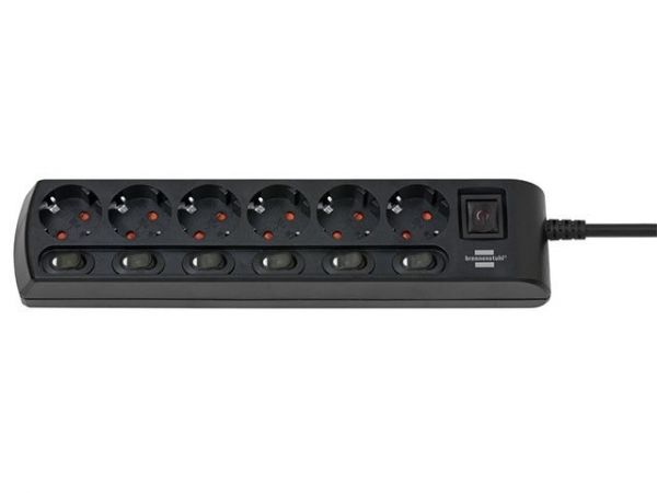 Удлинитель 2м (6 роз., 3.3кВт, с/з, 6+1 выкл., ПВС) черный Brennenstuhl Comfort-Line(провод 3х1,5мм2; сила тока 16А; с/з - с заземляющим контактом)