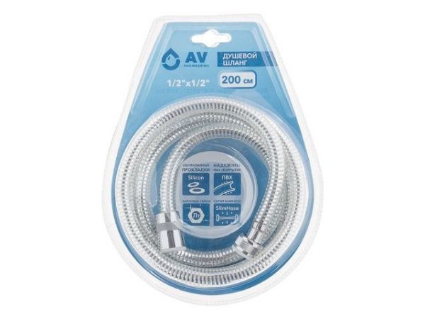 Шланг душевой, PVC, 1/2' г-г 200 см, хром, AV Engineering(Гайка латунь)