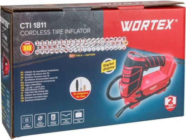 Компрессор WORTEX CTI 1811 в кор. ALL1 XLT SET 18 В, 11 бар, 12 л/мин, 1х2 А*ч, зу(18В/ 160 PSI / 11 бар / 1100 кПа, цифровой манометр, 600 мм шланг, подсветка)