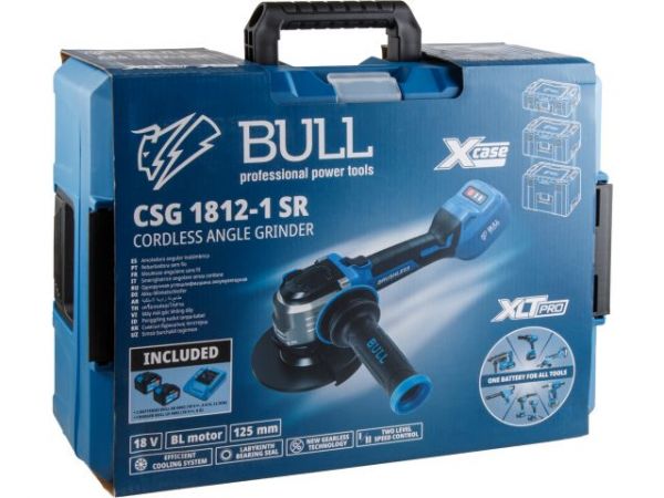 Углошлифмашина BULL CSG 1812-1 SR Xcase XLTpro 2x6 Ач БЕСЩЕТ, 125 мм, рег. об., 10 000 об/мин(Безредукторный тип, плав пуск, конст. эл., защита от перегруз. и перегрев.)