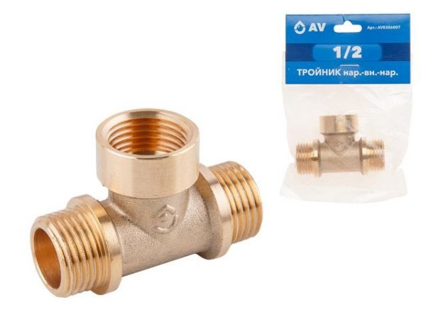 Тройник 1/2' нар.-вн.-нар., AV Engineering (инд. упак.)(Латунь, макс.  16 бар, макс.  110 °С)
