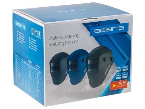 Щиток сварщика с самозатемняющимся светофильтром Solaris ASF440S (черный)(1/2/1/2; 90x35 мм (31,5 см2); DIN 4/9-13 (регулир.); шлифовка; сменная батарея)