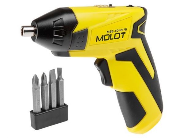 Шуруповерт MOLOT MBS 4048 Ni в блистере + набор бит 4.8 В, 3 Нм. (4.8 В, 3 Нм.. 0.6 А/ч Ni-Cd, 1 скор., шурупы до 4 мм)