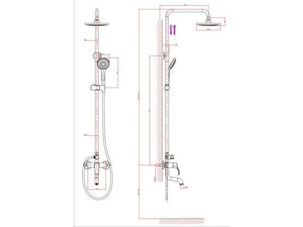 Душевая система (Lt) D35, серия Iris хром, a-five(На стену,L-излив: длина 105 мм, высота 156 мм, монолитный. Троп. душ: вынос 405 мм, диаметр 200 мм.)