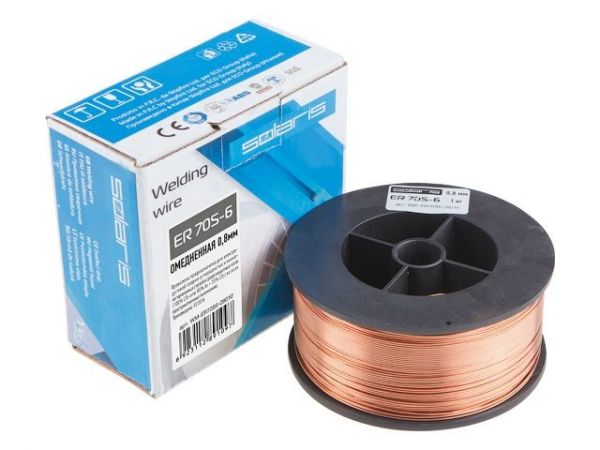 Проволока сварочная омедненная ER 70S-6 ф0,8мм (катушка D100 1 кг) SOLARIS(аналог СВ08Г2С)