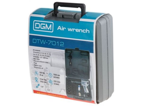 Пневмогайковерт 1/2' DGM DTW-7012 с лубрикатором и головками(580 Нм; Ударный мех-м: twin hammer; 7000 об/мин; Макс.резьба: М18; 220 л/мин;)