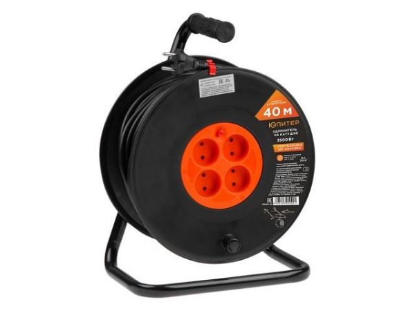 Удлинитель на катушке 40м (4 роз., 3,5кВт, б/з, ПВС 2х1,5) Юпитер(с защитой от перегрузки, защитные шторки)