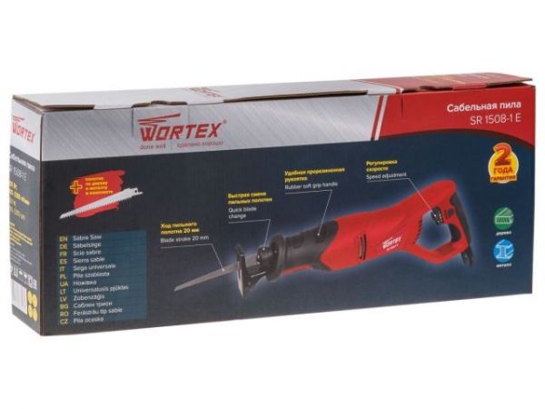 Сабельная пила WORTEX SR 1508-1 E в кор. + 2 пильных полотна 800 Вт, дер. 150 мм, ход 20 мм, рег.об.